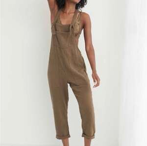Aerie Olive Green Tie-Shoulder Cropped Gauze Overalls